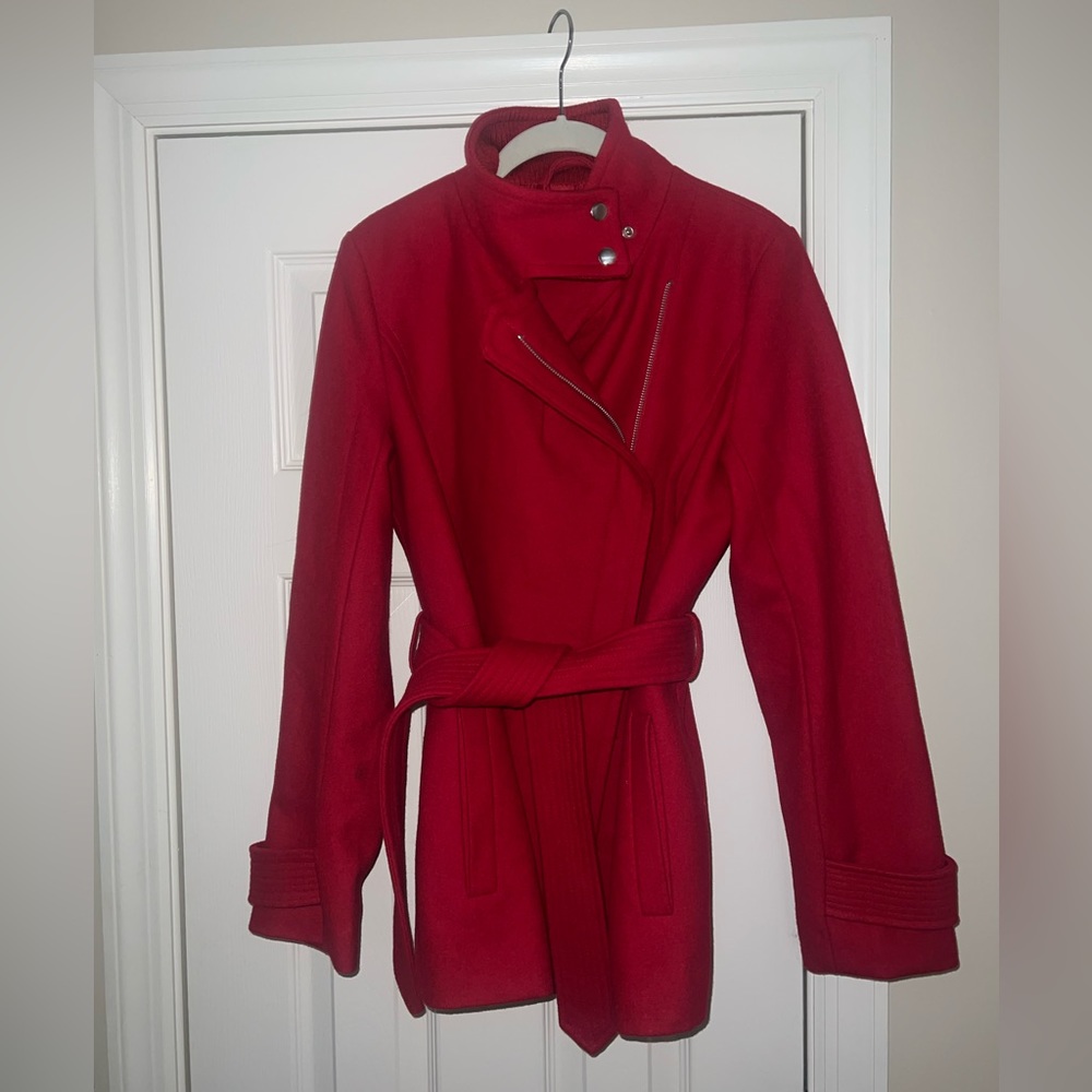 Express Vibrant Red Belted Pea Coat